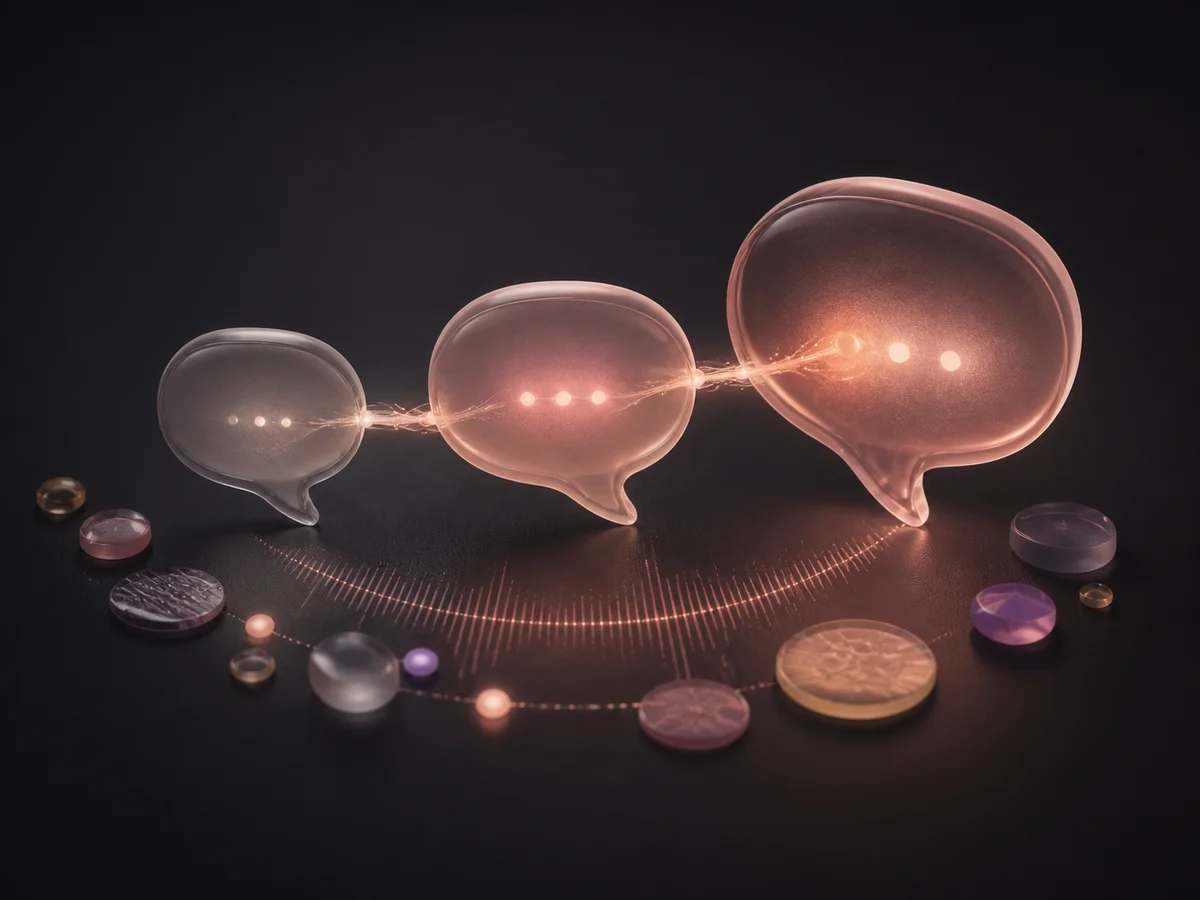 Abstract glass speech forms connected by a luminous thread